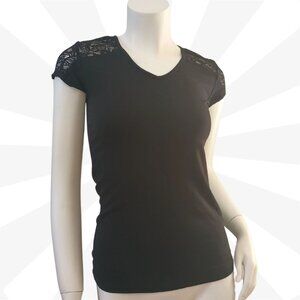 Ambiance Black Lace Cap Sleeves V Neck Cut Out Back Pullover Knit Top Size S